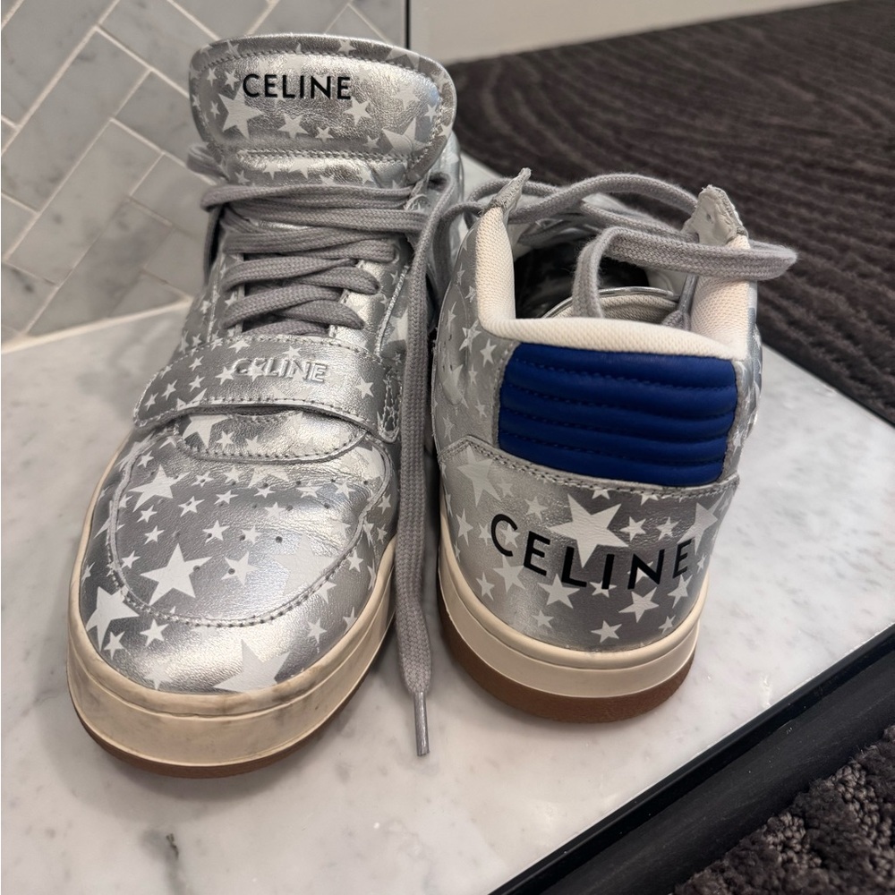 Celine CT-02 Scratch Sneakers Star Print Metallic Silver Leather